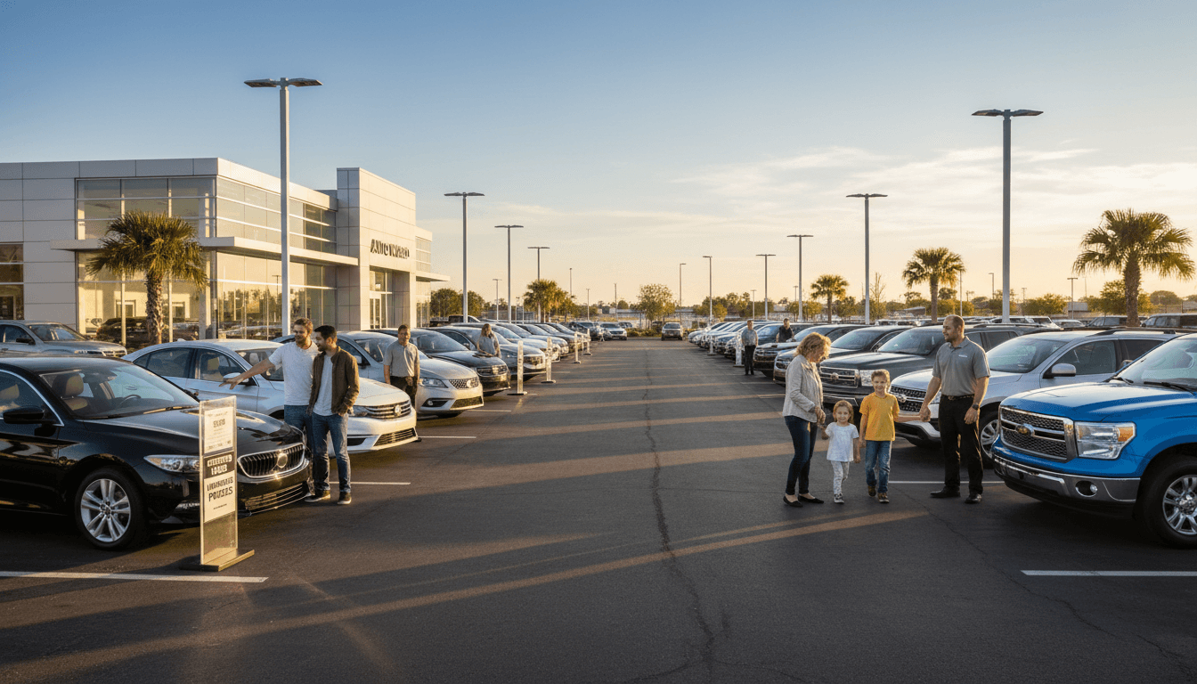 Wide view of bustling used vehicle dealership lot with diverse customers browsing multiple cars in afternoon sunlight