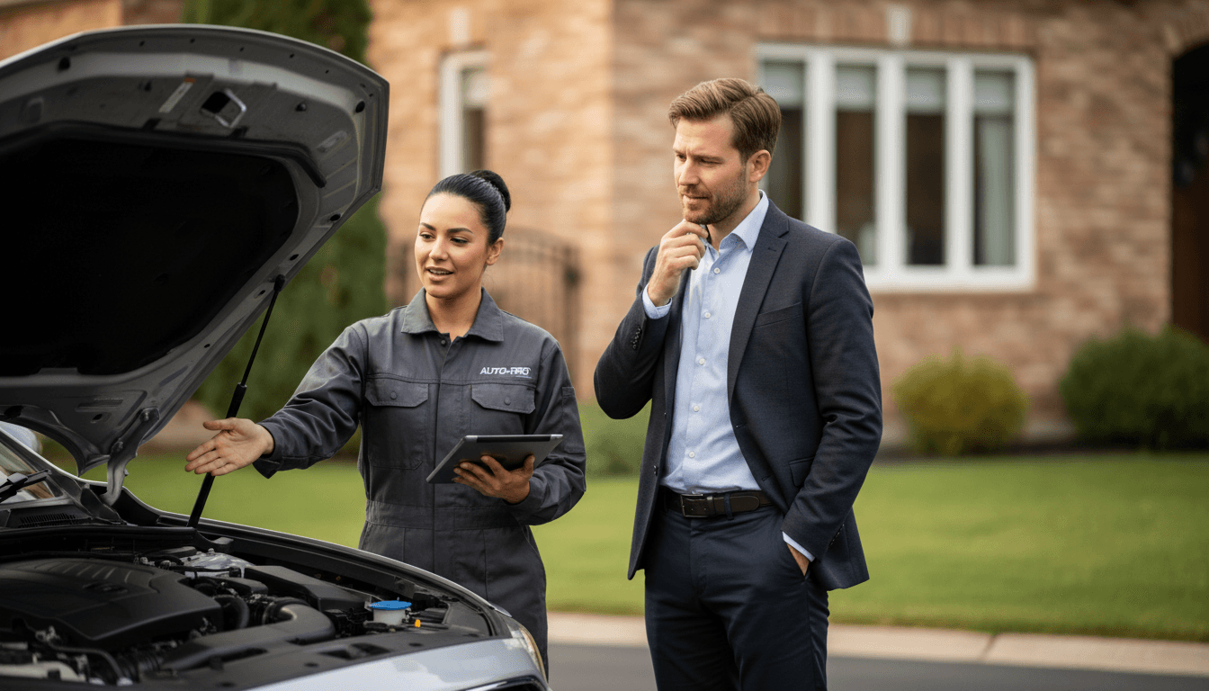 Service advisor and customer discussing car service in dealership service drive