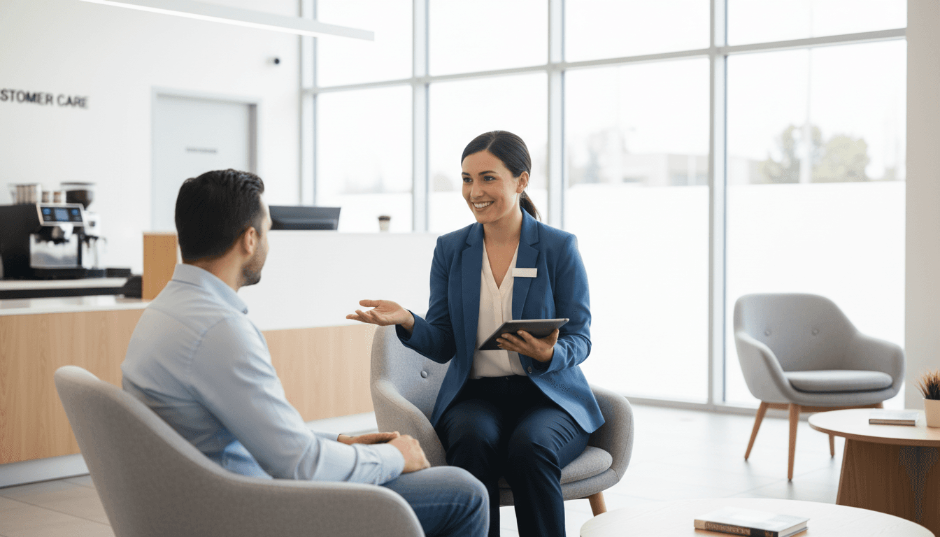 Automotive service advisor consulting with a customer in a modern dealership service drive