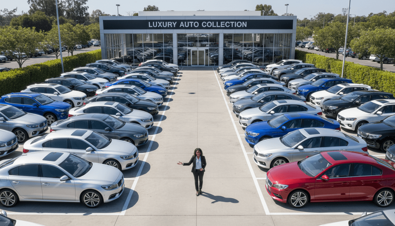 Modern car dealership service drive with vehicles lined up and staff assisting