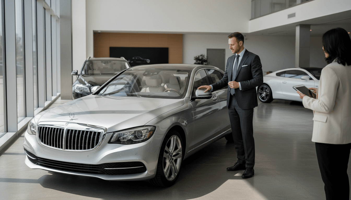 Automotive service advisor consulting with a dealership manager in a modern service drive