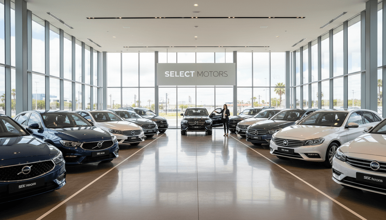 Modern automotive showroom with diverse pre-owned vehicles on display and professional sales associate assisting customers