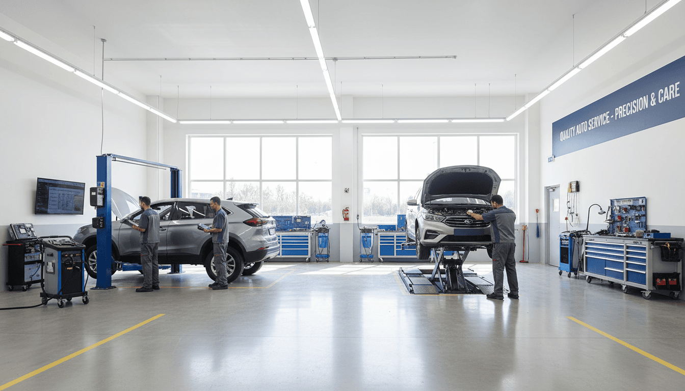 Technician assisting customer in a bright modern dealership service bay