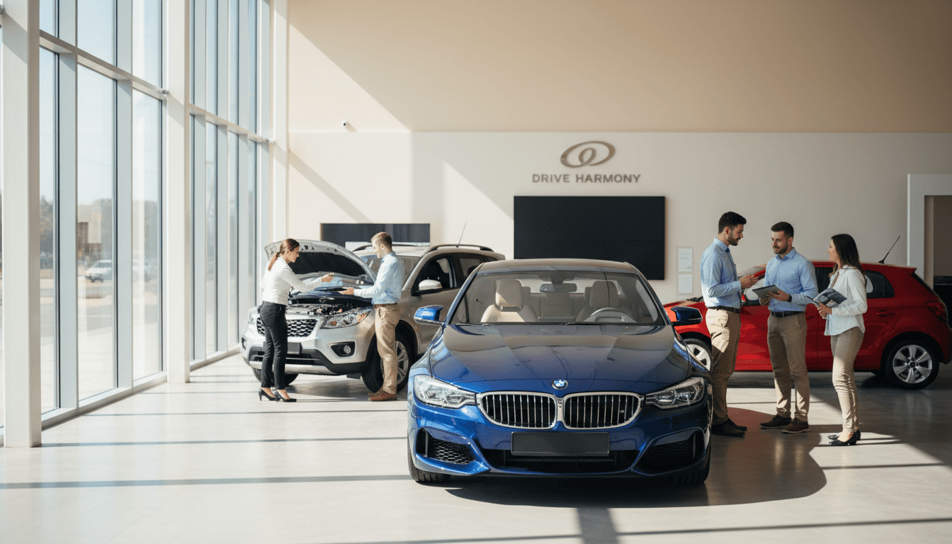 Bright dealership showroom with diverse vehicles on display and sales staff assisting customers examining cars
