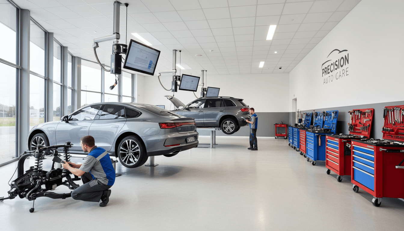 Technician working on a vehicle in a bright dealership service bay
