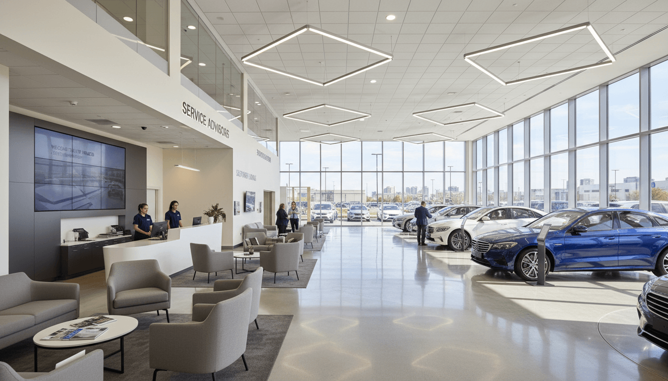 Bright dealership service drive with vehicles and staff in the background
